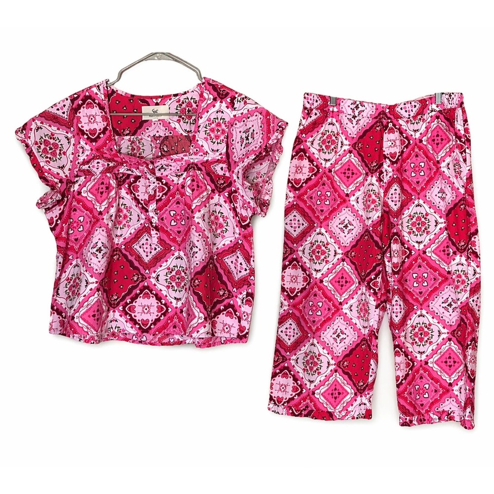 Printfresh Pajama Set L Pink Heart Floral Lounge Top Pants Cottagecore Rare HTF
